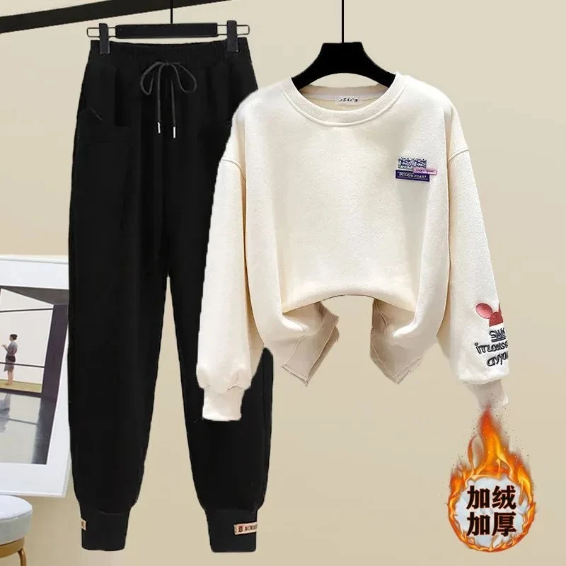 Casual Womens Tracksuit Two Piece Sets Thicken Warm Sweatshirts Conjuntos Velvet High Waist Joggers Sweatpants Loose Outfit New