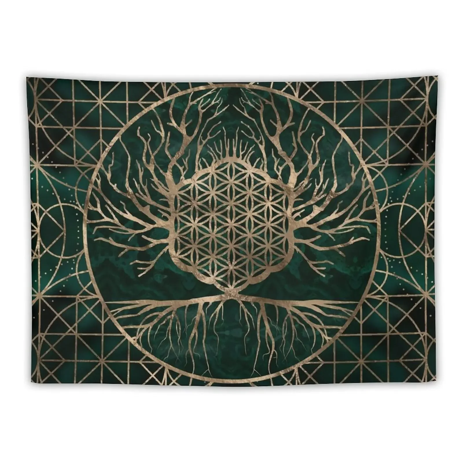 

Flower of Life in Tree of life Malachine and Gold Tapestry Home Supplies Home Decorations Aesthetic Korean Room Decor Tapestry