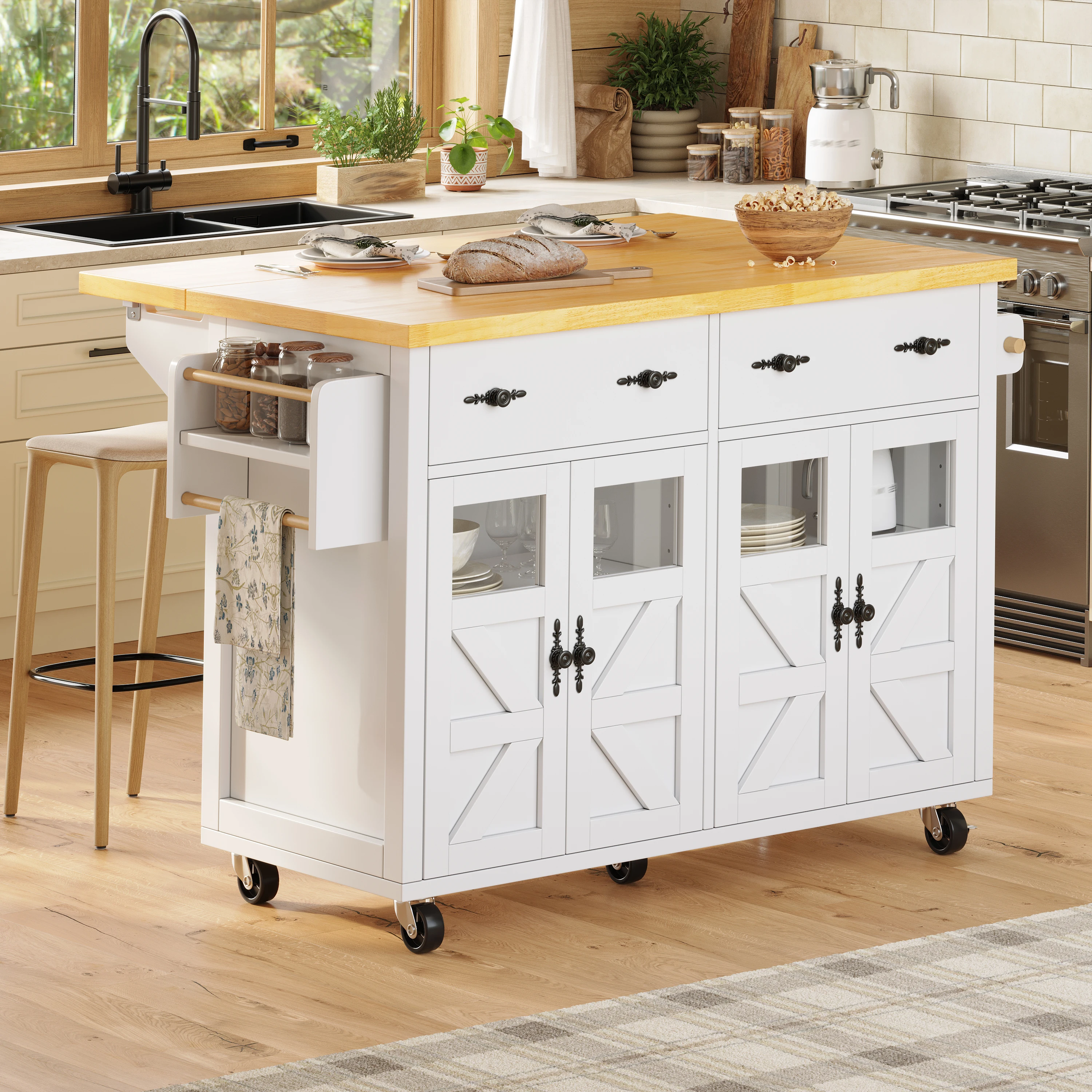 Chariot de cuisine blanc avec portes en verre, chariot de service multifonctionnel doté d'un plateau rétractable, de roulettes verrouillables et de tiroirs de rangement spacieux pour salle à manger ou salon.