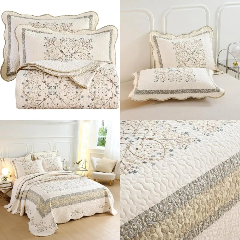 

Cotton Farmhouse Style Embroidered Quilt Set - Oversized Reversible Queen Bedspread Coverlet, 3-Piece Patchwork Design