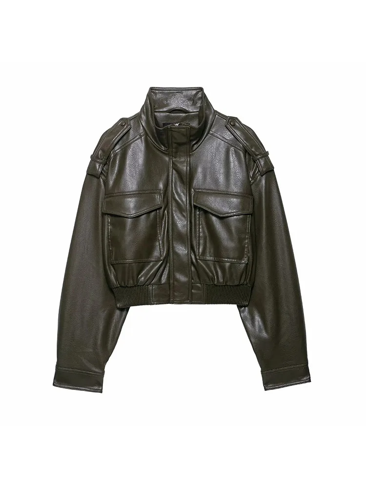 Women 2025 Autumn Winter New Vintage Zippers Short Leather Jackets Women Casual Lapel Button Pockets Full Sleeve Coat Streetwear