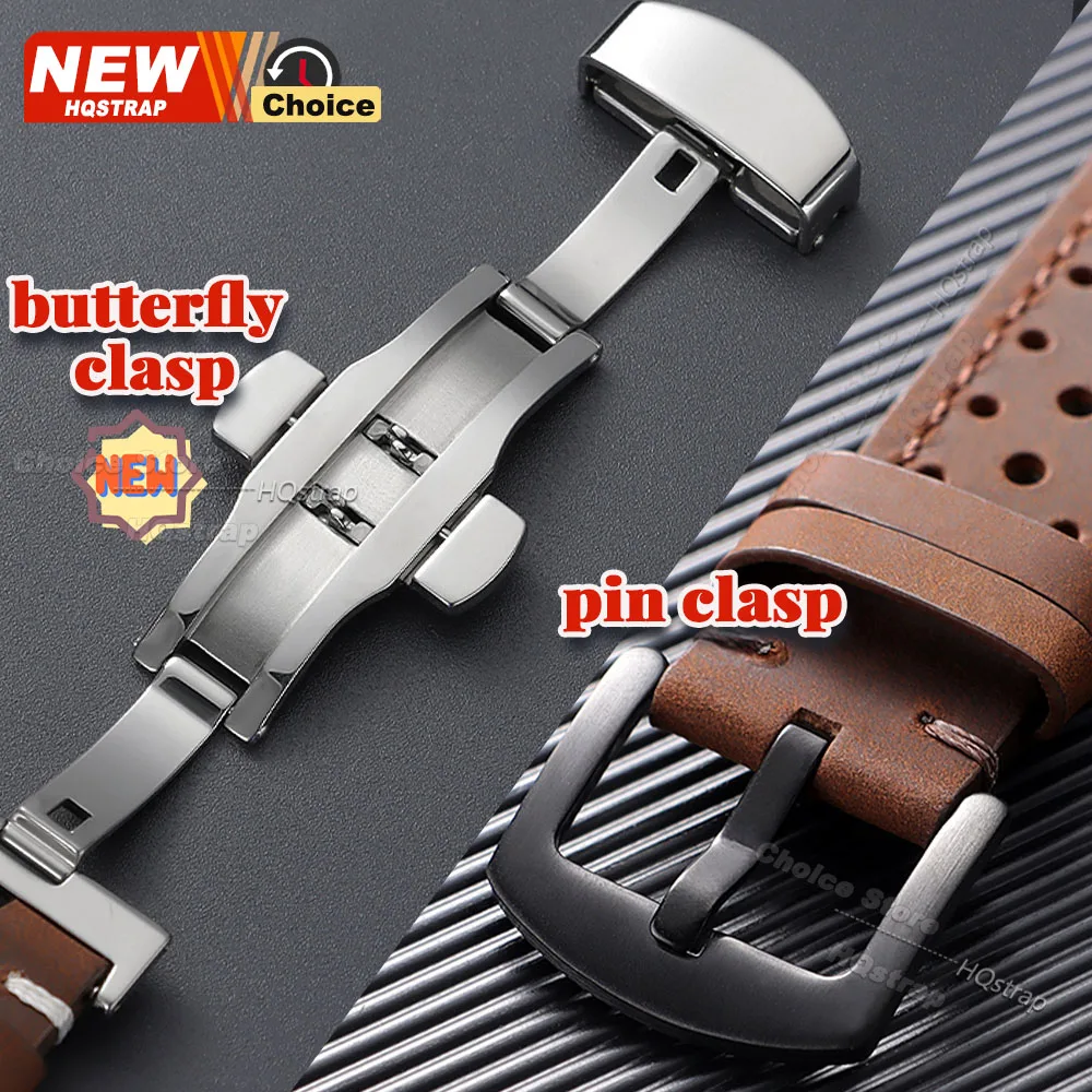 Schmetterlingsverschluss Perforiertes Atmungsaktives Uhrenarmband 18/19/21/24/20/22mm Smartwatch Leder Vintage Armband Schwarz mit Dornschließe – Detail 2