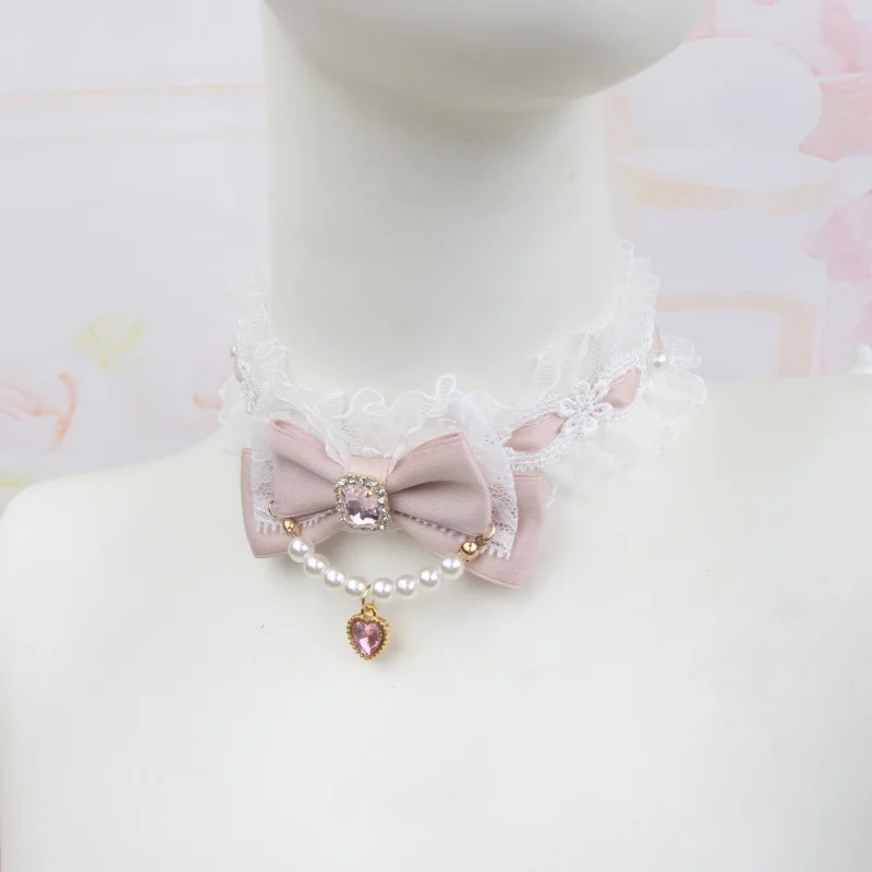 Lush Ribbon Bow Lace Handmade Bracelet and Choker Women's Ornament Beaded Bow Necklace Sweet Cute Lolita Accessories for Woman
