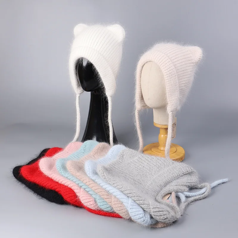 Angolan Rabbit Fur Knitted Beanie Cap Earmuffs Winter Warm and Cold-proof Ribbon Knitted Cute Ears Bomber Hat