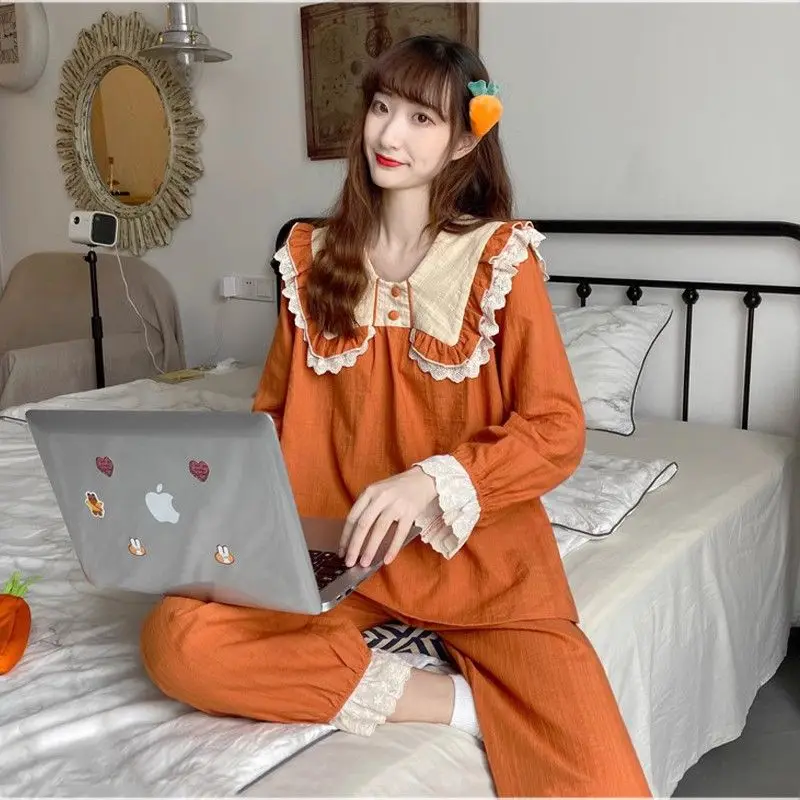 INS Pajamas Ladies Pure Cotton Pyjamas Spring Autumn New Sleepwear Long Sleeve Sweet Nightdress Lace Square Collar Home Wear Set