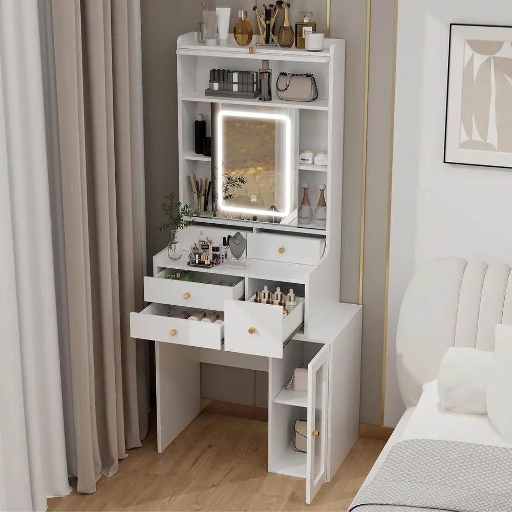 

ARTETHYS Small Vanity Desk with Sliding Mirror and Lights White Makeup Vanities Set with Ders Compact Dring Table with Cabinet a