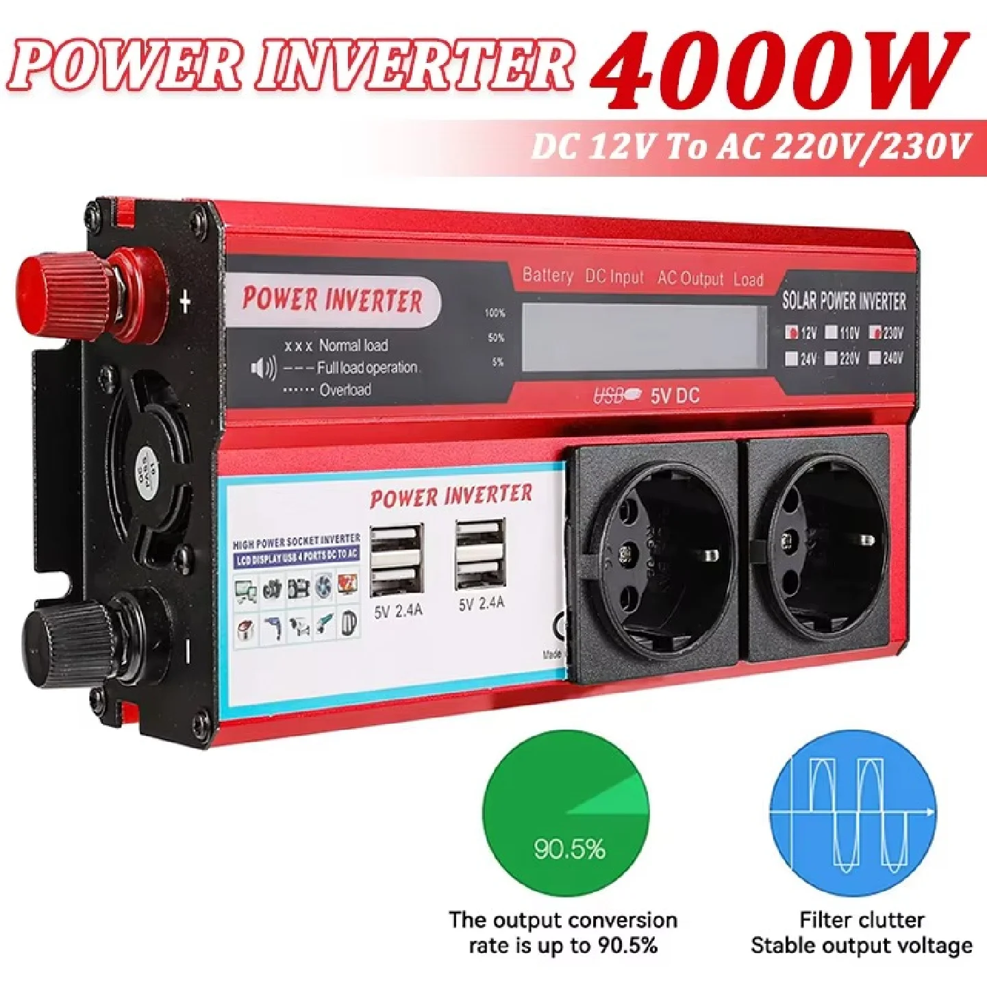 4000W Power Inverter DC 12V to AC 220V 230V Transformer with 4 USB EU Sockets Charging with LED Display