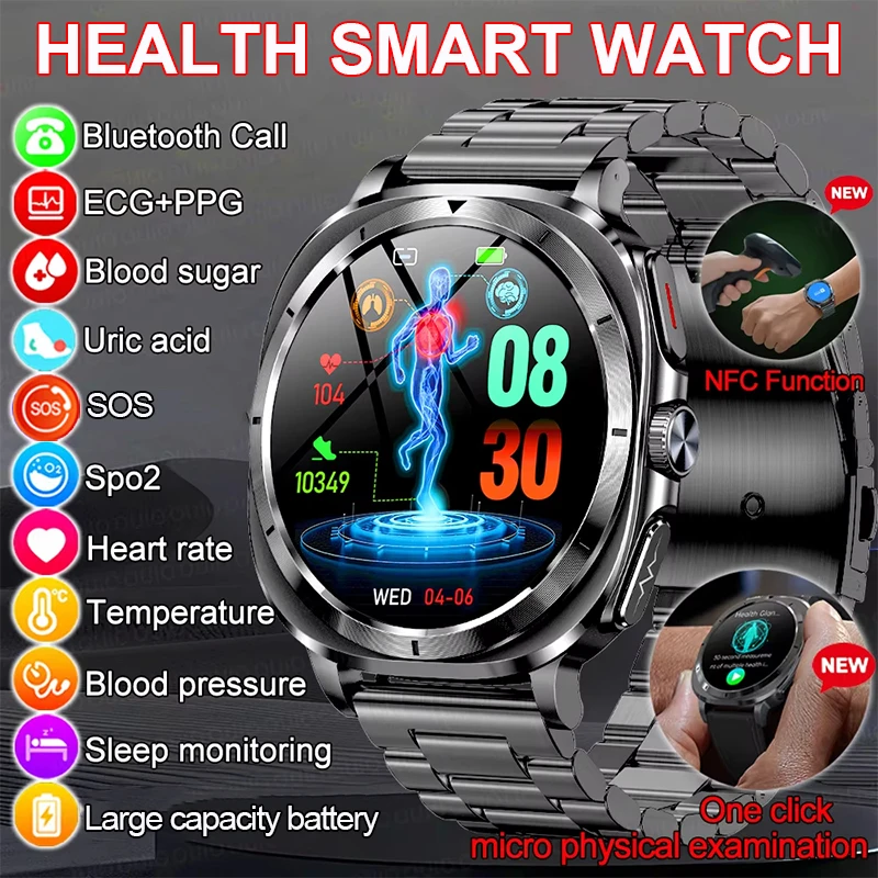 

2025 New NFC Smart Watch ECG+PPG Health Monitor Heart Rate Uric Acid Blood Oxygen Blood Fat Body Analysis NFC Health Smart Watch