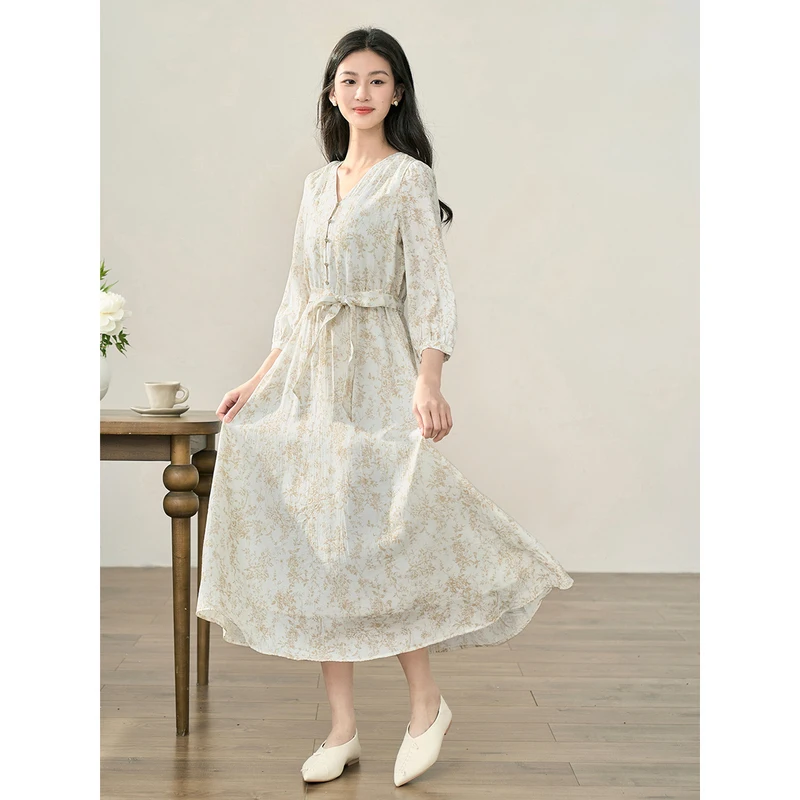 INMAN Women Dress 2023 Autumn Three Quarter Sleeve V Neck A-shaped Loose Vintage Printed Elegant Artistic Apricot Long Skirt