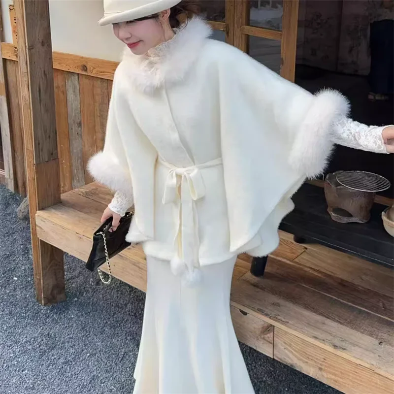 

Gentle Women Winter Faux Fur Patchwork Cloak Half Batwing Sleeve Loose Casual Coat Ponchos Elegant Luxury Lady Belted Outwear