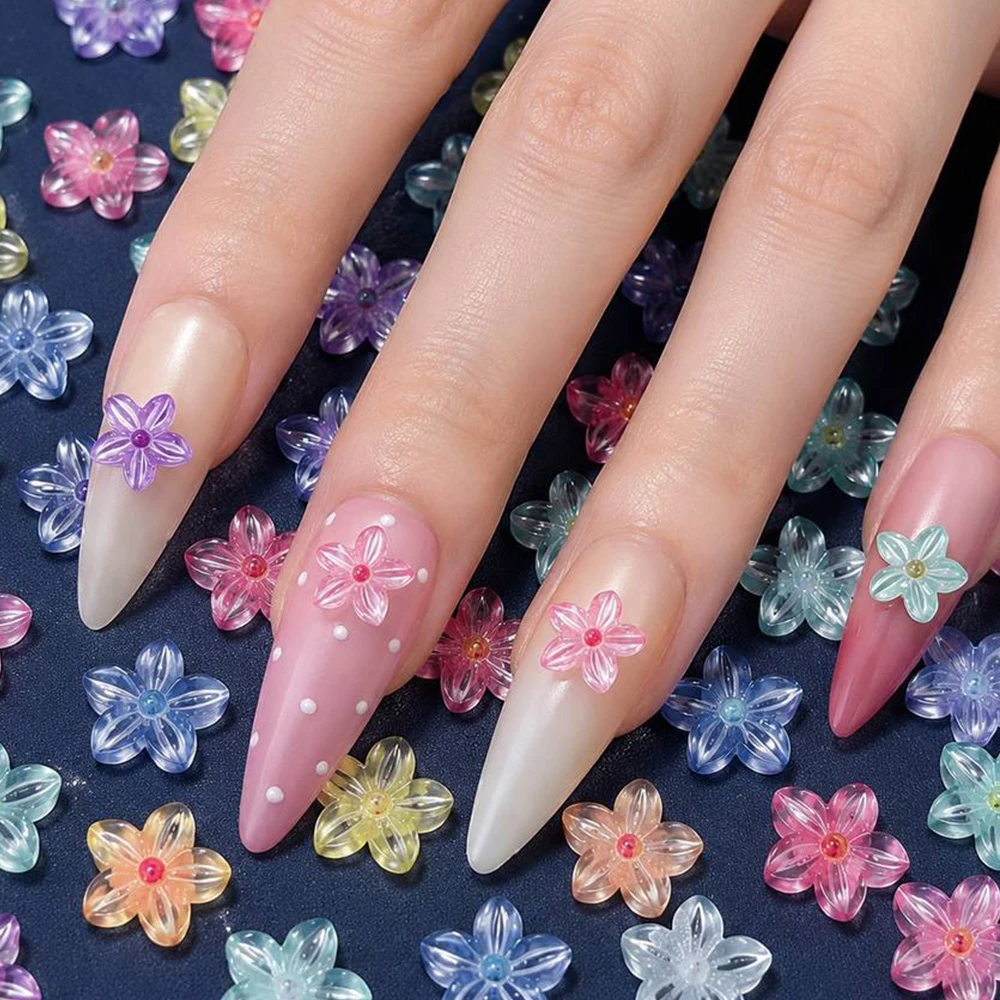 50Pcs Multicolor Clear Five Petal Flower Nail Charms Gradient Iridescent Resin Nail Studs Nail Art Craft Accessories