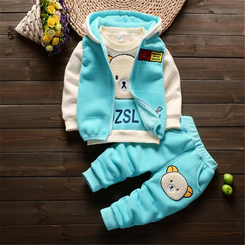 2023 Winter Baby Boy Clothes Sets Autumn Cotton Thick Warm Hooded Sweater Cartoon Cute Bear Three-Piece Baby Girl Suit 0-5Y