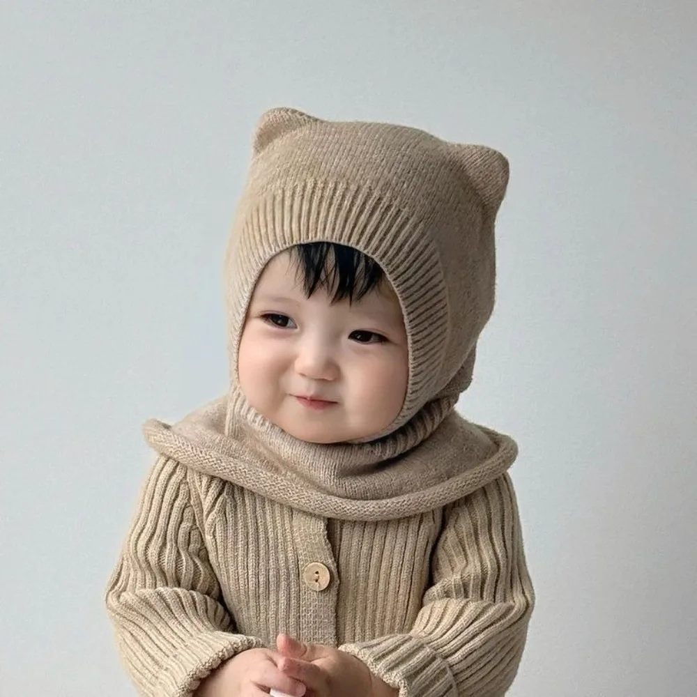 New Warm Woolen Baby Balaclava Hat Solid Color Windproof Knitted Beanie Cap Ear Protection Soft Winter Toddler Hat Boy Girl view 2