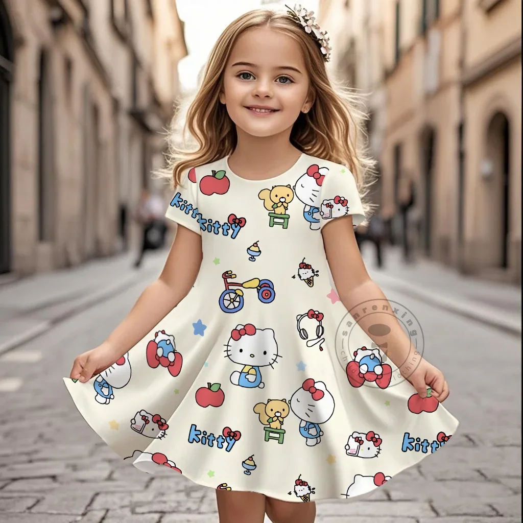 

Cartoon Hello Kitty Casual Dress For Little Girl Soft Princess Frock Kid Elsa Print Snow Queen A Line Summer Clothing