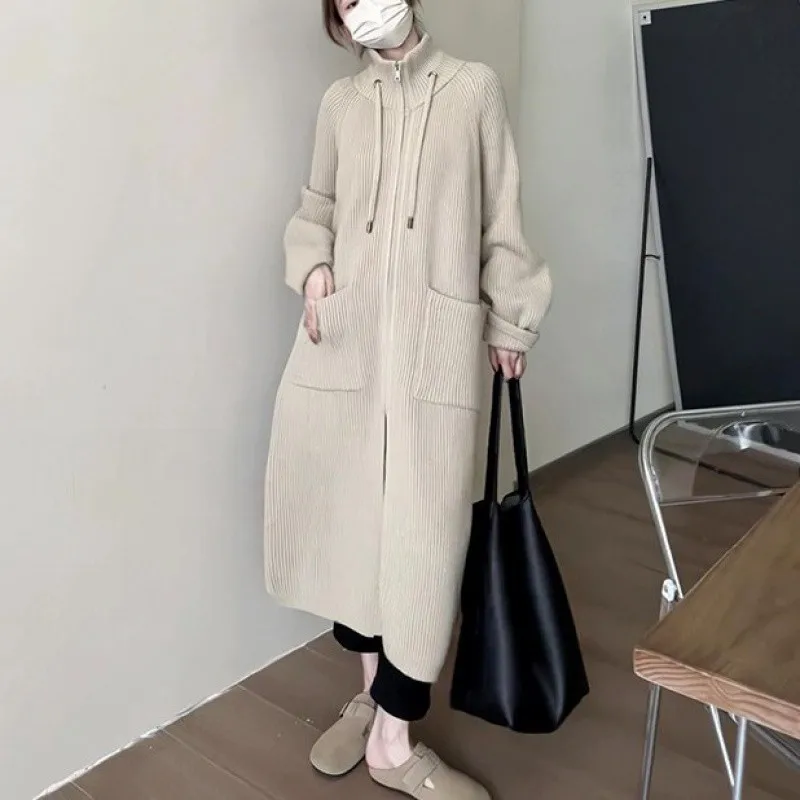 Idle Style Drawstring over-the-Knee Zipper Knitted Cardigan for Women Thickening Stand Collar Loose Sweater Coat