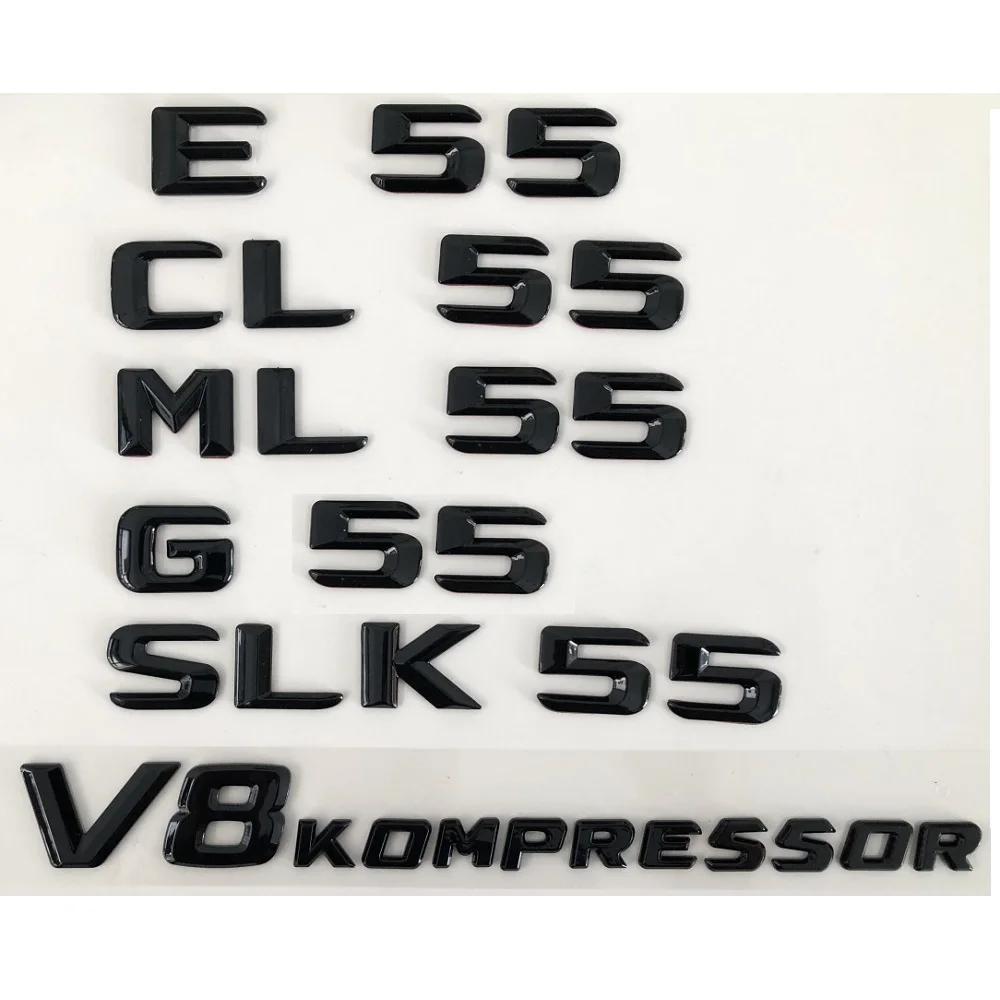 Gloss Black Trunk Letters for Mercedes Benz C55 E55 S55 G55 CLS55 CLK55 SLK55 GLK55 ML55 CL55 SL55 GL55 V8 KOMPRESSOR Emblems