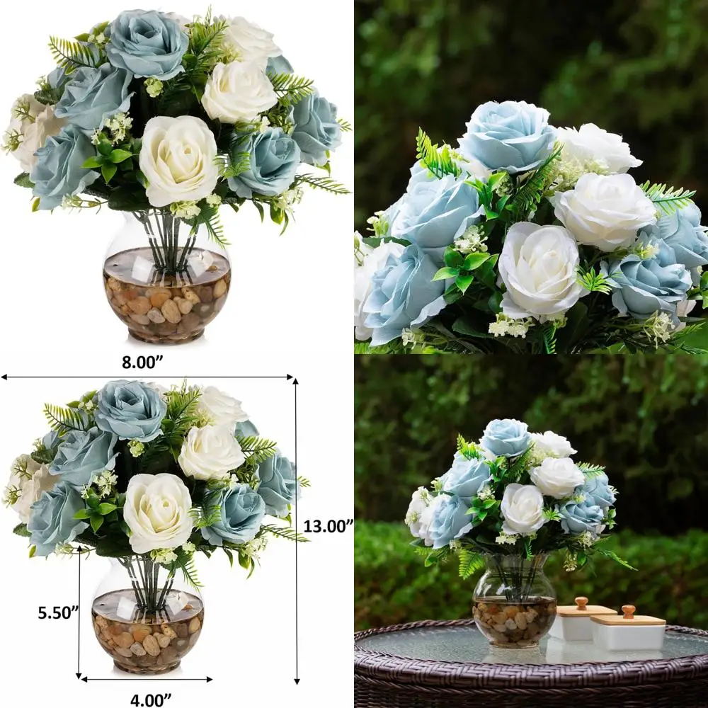 

18-Stem Silk Rose Artificial Flower Arrangement in Round Bowl Vase with Faux Water