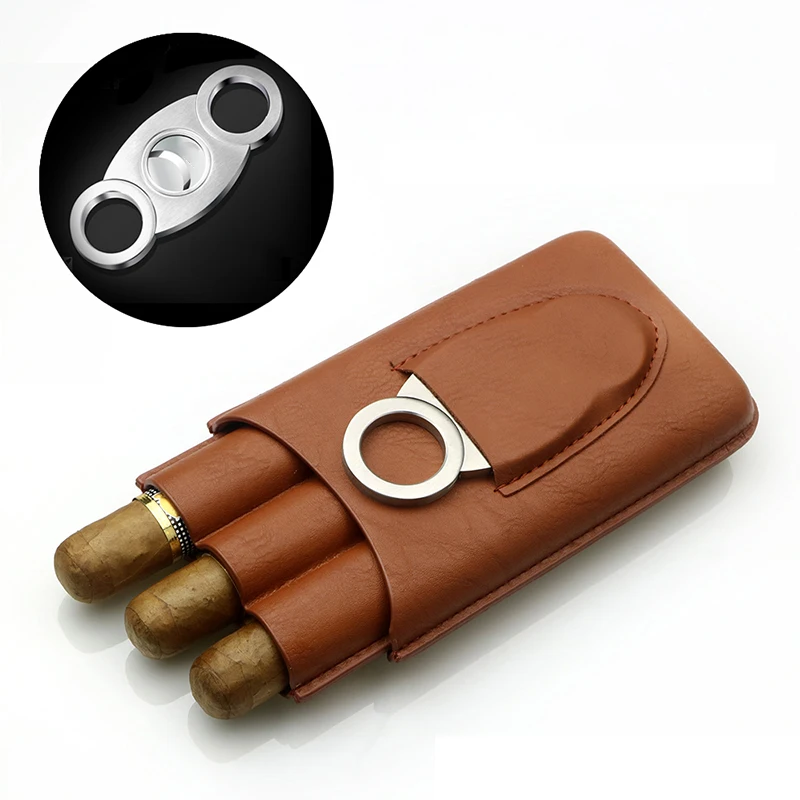 

Leather Humidor Cigar Case Travel 3 Tube Cigar Humidor Box Retro Smoking Accessories W/ Cigar Cutter