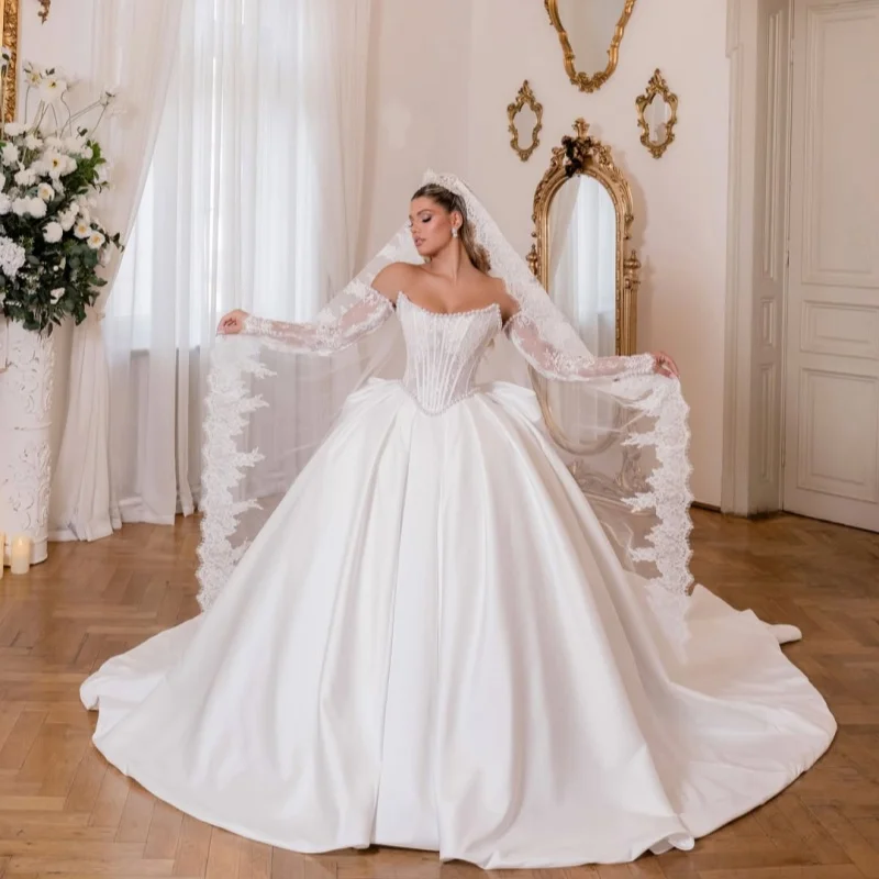 White Appliques Lace Wedding Dresses of Off-Shoulder Decal A-Line Pearl Decal Bow off-shoulder Bridal Gowns Made Customized