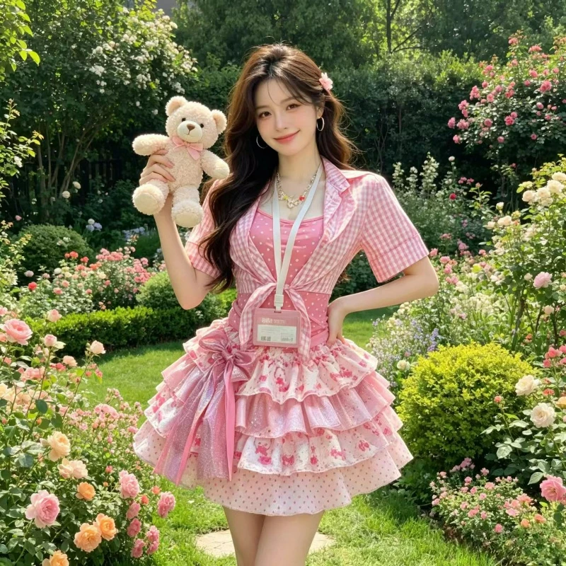 Japanese Sweet Lolita Style 3 Piece Set Women Cute Short Plaid Coat Polka Dot Printed Vest Cartoon Cake Skirts Harajuku Y2k Suit