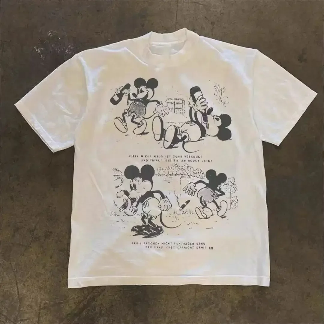 

Disney American Trendy Brand Mickey Mouse Cartoon Print High Street Short-sleeved Retro Couple T-shirt Men Women Children Tops