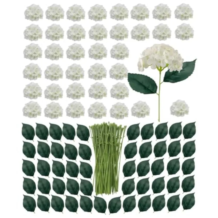 

100 Pack Artificial Hydrangea Flowers with Leaves, 6 Inch Silk Flower Heads, DIY Mother's Day Wedding Decor Set with 200 Leaves
