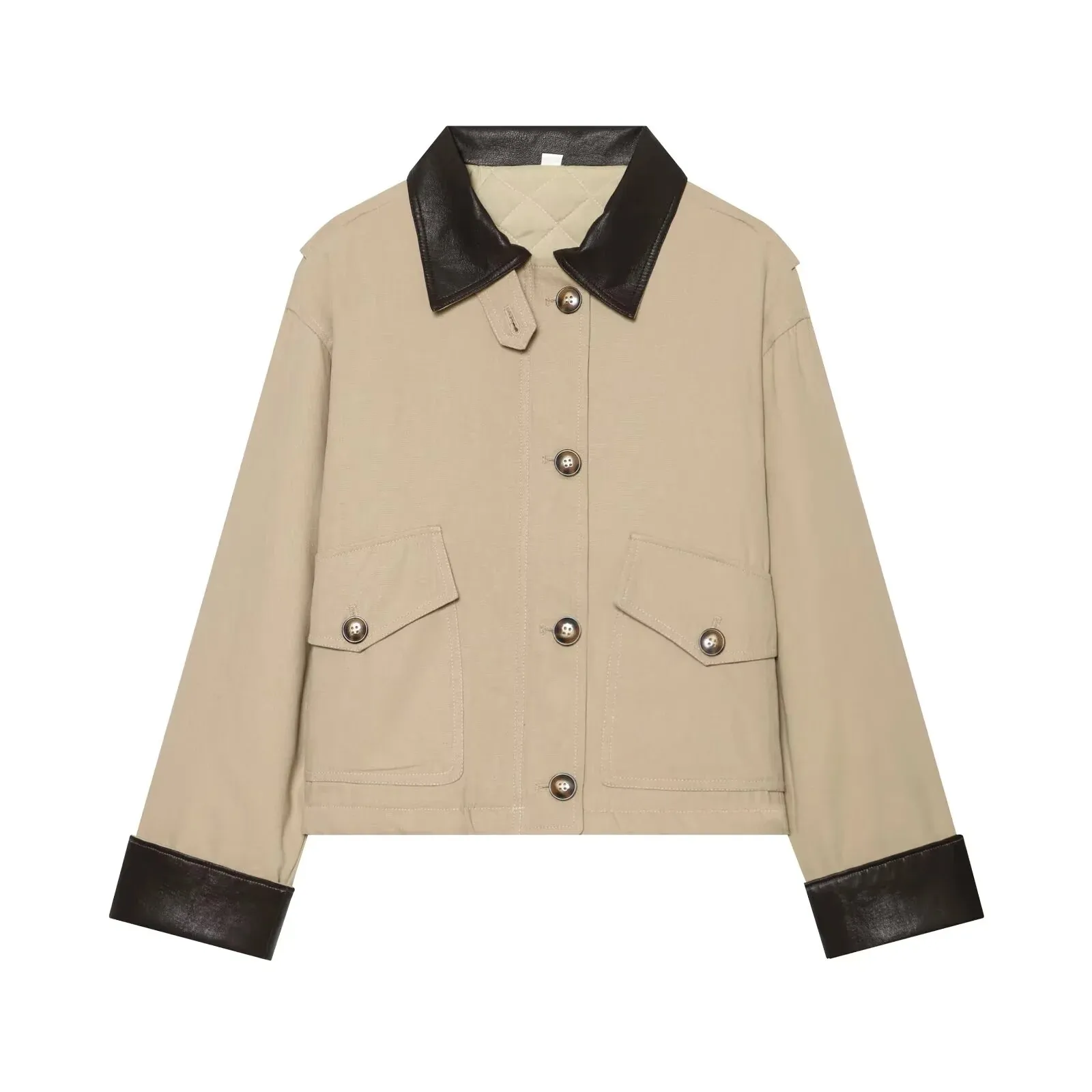 European and American 2026 new style retro temperament contrasting color stitching lapel long-sleeved canvas cotton jacket