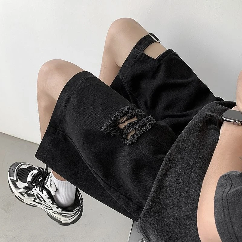 

Men's Fashionable Thin Fabric Ripped Denim Shorts Loose Casual American Style Mid Calf Length Outdoor Shorts