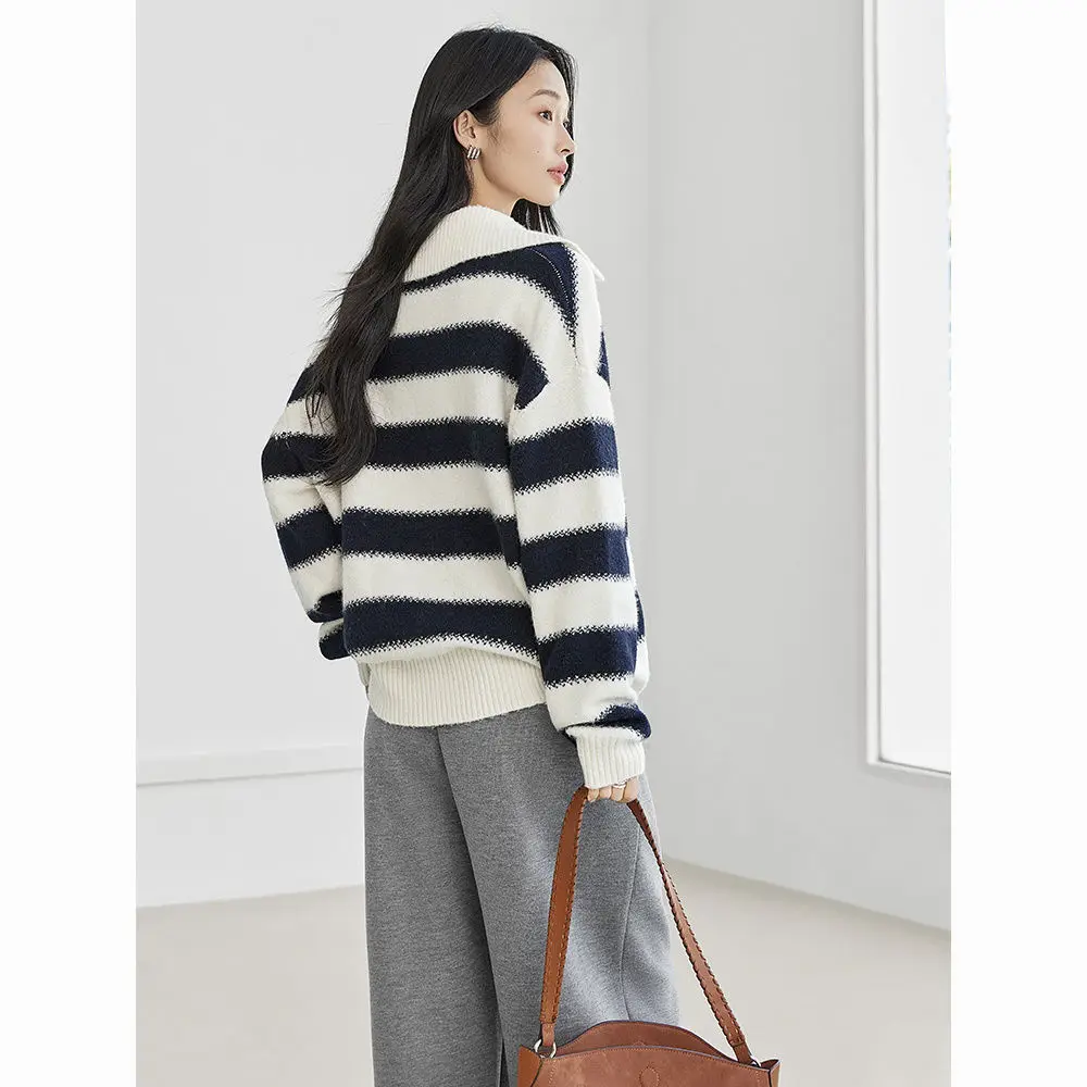 

Autumn New Style Ice Silk T-Shirt Fashionable Korean Style Ladies' Casual Striped Polo Neck Knitwear Soft Silky Loose Fit