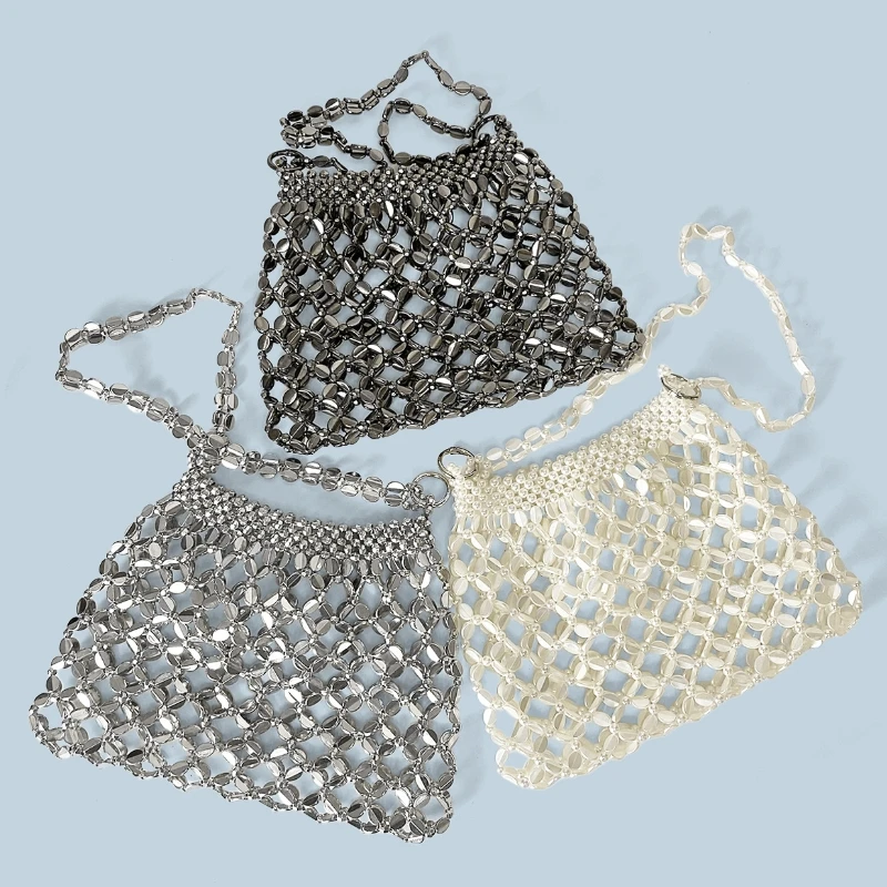 New Vintage Metal Silver Shiny Woven Handbag with Shoulder Strap Hand-woven Hollow Out Design Beaded Bag Wedding/party Female
