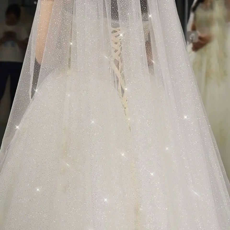 1 Tier Sparking Bridal Veil Glitter Wedding Veil Long Luxury Cathedral Champagne Color Tulle Bling Bling Bride Accessories V101