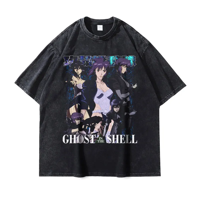 Anime The Ghost in The Shell T Shirts Streetwear Vintage Washed Kusanagi Motoko T-shirt Oversized Tops Tees Men 100% Cotton