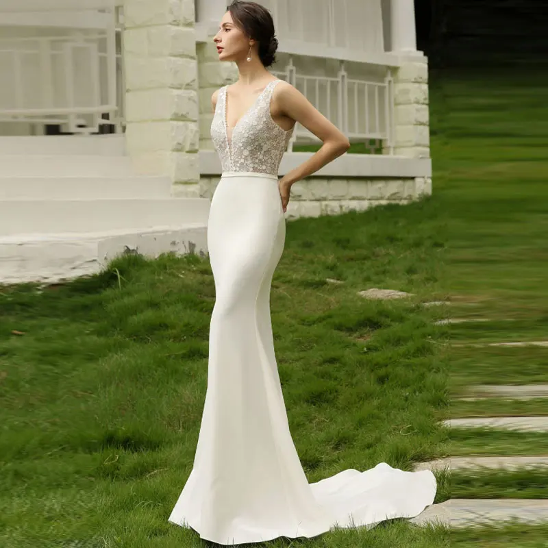 

Simple Sexy Mermaid Backless V-Neck Sleeveless Stain Wedding Dress Backless Vestido De Novia Court Train Bridal Gown