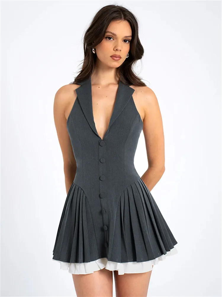 

Absobe Elegant Blazer Pleated Mini Dress Women Backless V-Neck Halter Sleeveless Double Layer Contrast A-Line Party Short Dress