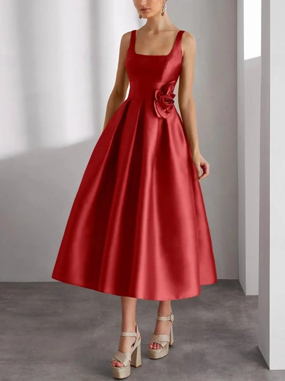 

Satin Mother of The Bride Dresses for Women Tea Length Elegant Wedding Guest Dress Midi A Line Evening Gown