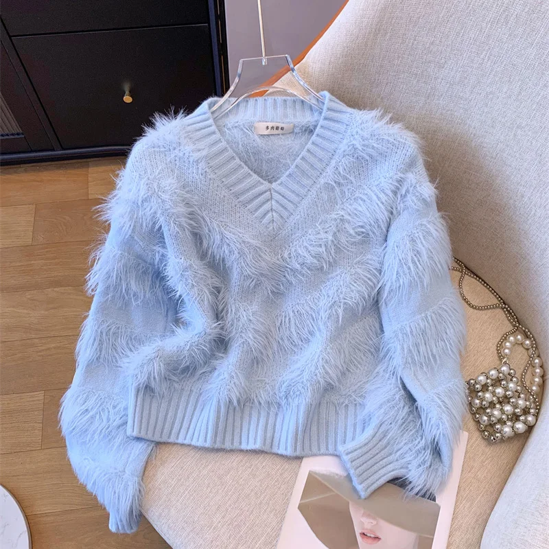 

ALPHALMODA 2025, новинка, искусственный мех норки, женский пуловер, осенний, уникальный, мягкий, пушистый вязаный свитер