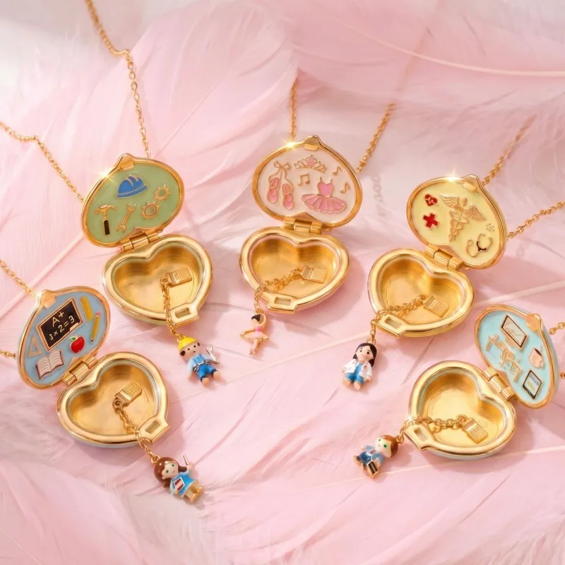 Vintage Heart Shape Photo Locket Necklace Colorful Enamel Openable Pendant Cartoon Character Charm Neck Chain Women Jewelry