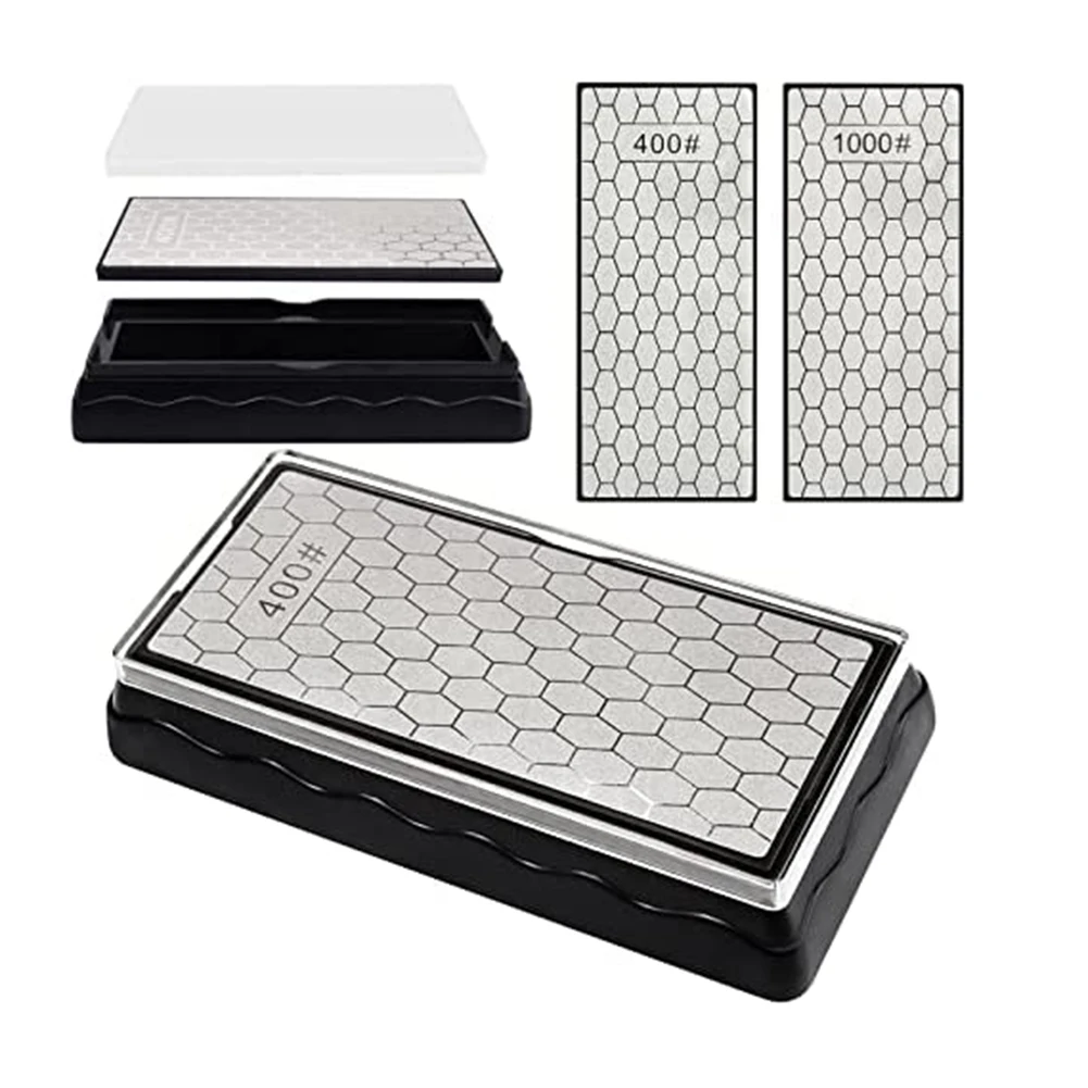 Double-Sided Diamond Sharpening Stone,Whetstone Honeycomb Surface Plate with Non-Slip Base(400/1000 Grit)