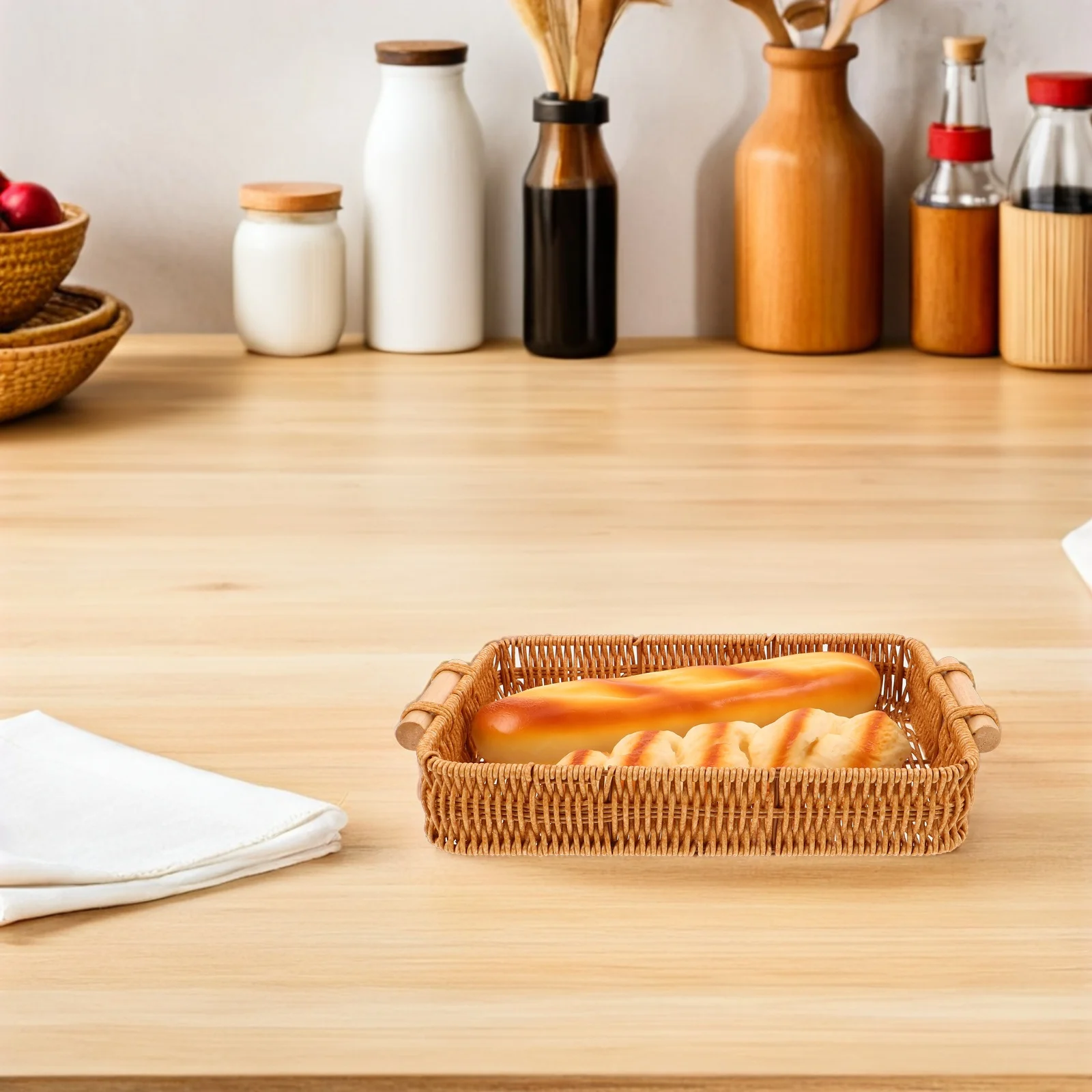 

2pcs Handwoven Rattan Storage Baskets Imitation Wicker Rectangular Organizer Lightweight Fruit Vegetable Basket Kitchen Bathroom