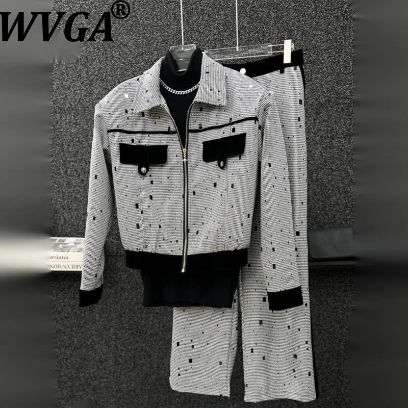 

WVGA Spring Autumn New Man Distressed Hot Diamond Trendy Two Pieces Set Patchwork Short Jackets Niche Chic Wide-Leg Pants W13620