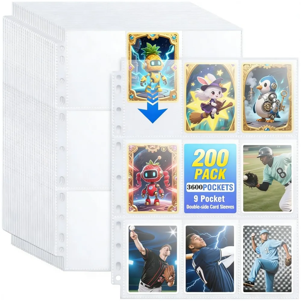 

200 штук двусторонних страниц для папок с 9 карманами, 3600 карточек для игр, спортивных и коллекционных карточек, защитные пакеты для карточек для папок с 3 кольцами