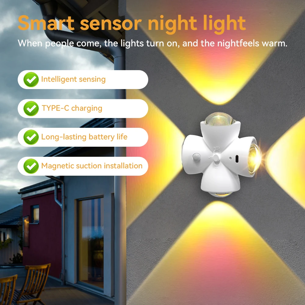 USB Smart Motion Sensor Novelty Lamp 4 Side Lighting 3 Modes Wall-Mounted Atmosphere Lamp for Bedroom Halloween Christmas Decor