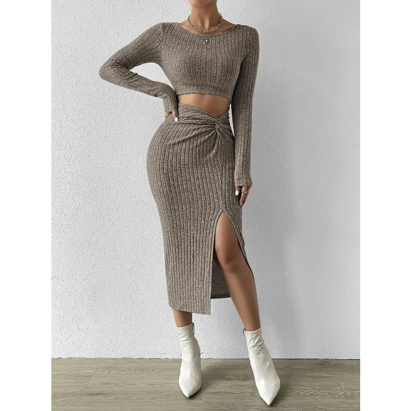 

Fall/Winter 2025 New Sexy Split Slim Hip Knit Round Neck Long Sleeve Dress