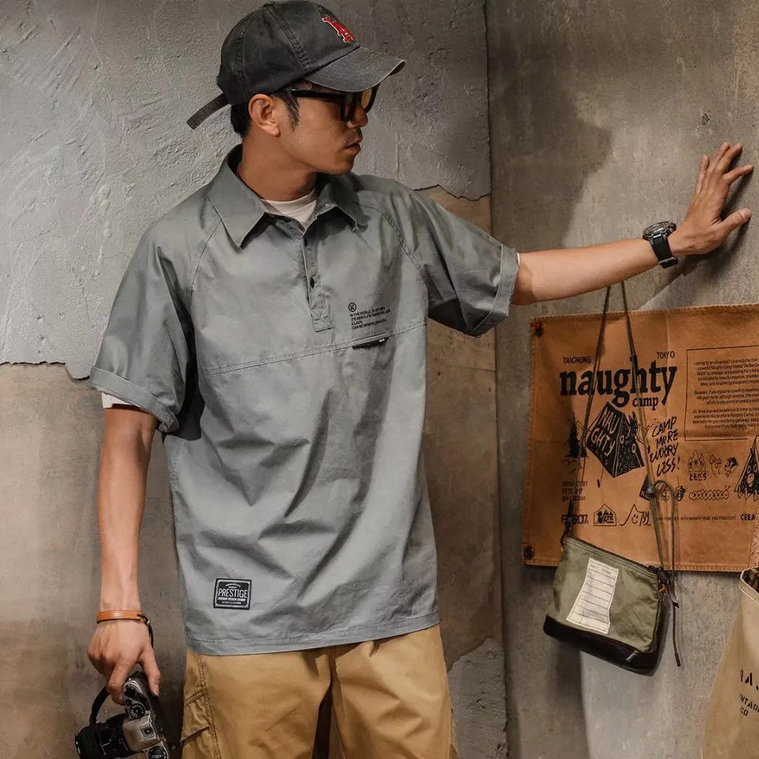 

Summer Loose Fit Sporty Short Sleeve Shirt Men's Trendy Outdoor Half Sleeve Shirt Vintage Japanese Style Youth Popular