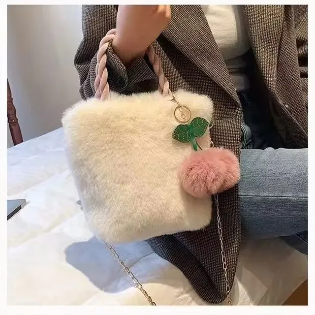 Bolso de mano de felpa con cadena de perlas para mujer, bolso de hombro Simple informal, bolso de gran capacidad