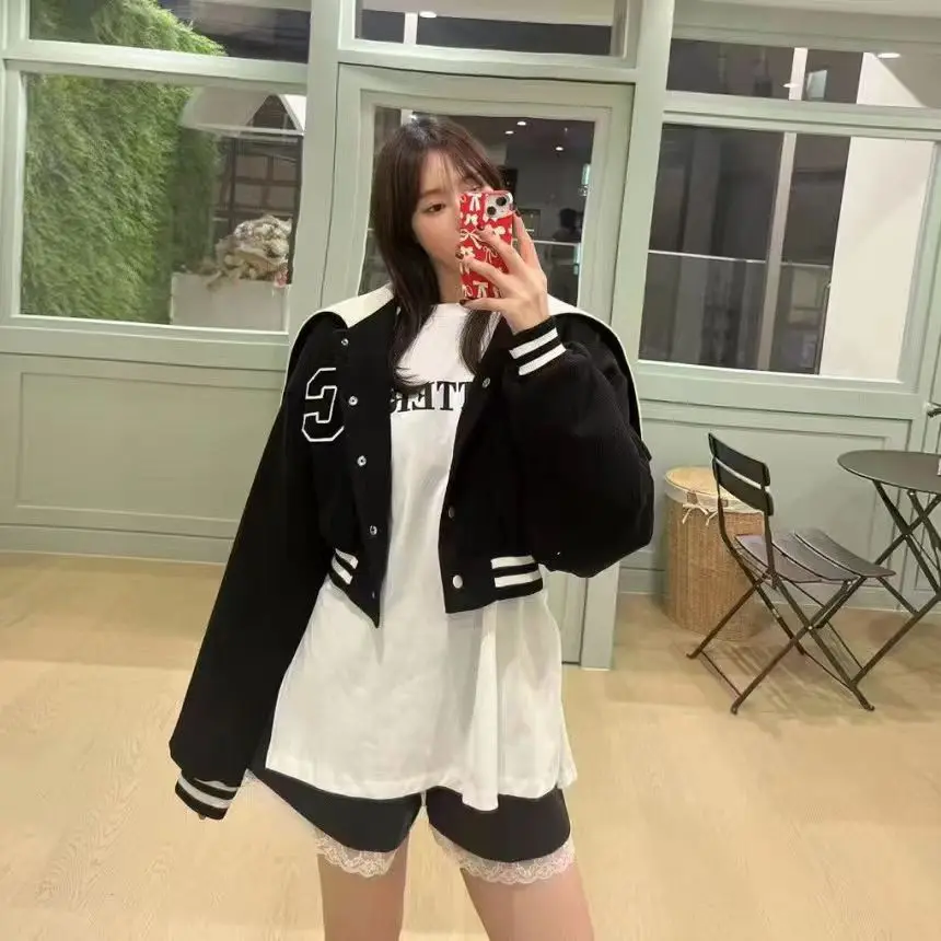 College Sle Baseball Jaet Donna Anti-età Versatile Thiened ort Cerniera Jaet in cotone con cappuccio Colletto ampio