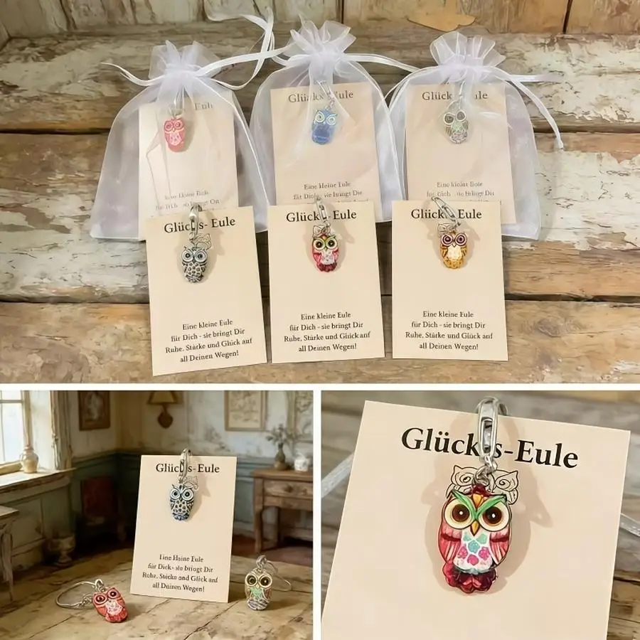 1/5/10/20/50/100pcs Colorful Owl Keychain Set, Includes 6 Keychains/6 Lucky Owl Greeting Cards/6 Mesh Bags, Suitable for Decorat view 2