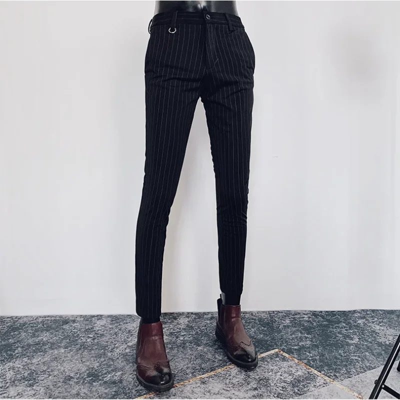 Men Black Striped Suit Pants 2024 Spring New Formal Dress Pants Stretch Slim Straight Boutique Trousers Fashion Men\'s Clothing