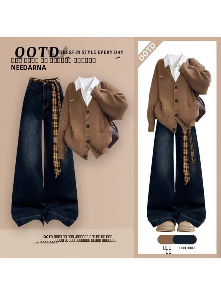 

Комплект трикотажных джинсовых широких брюк College Sle, ранняя осень 2025 Faion, молодежный комплект женской одежды небольшого размера