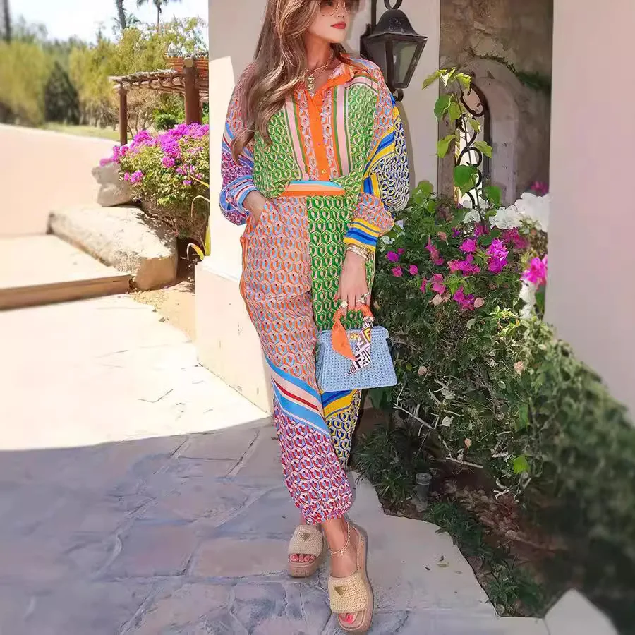 

Spring Summer Printed Two Piece Set 2026 Fashion Casual Vacation Button Long Short Skirt And High Waist Wide Leg Pants 2 Piece